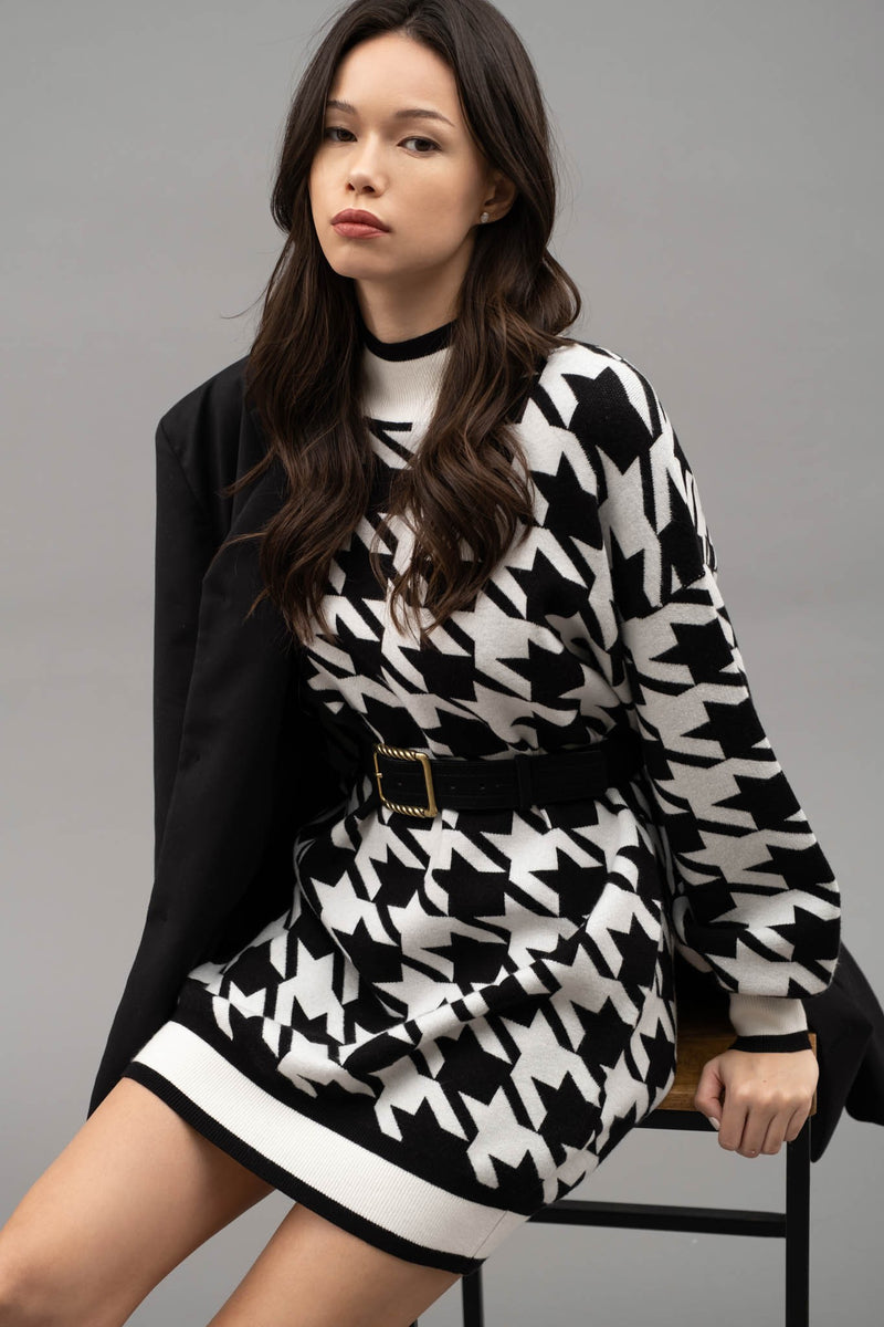 Mock Neck Houndstooth Sweater Dress