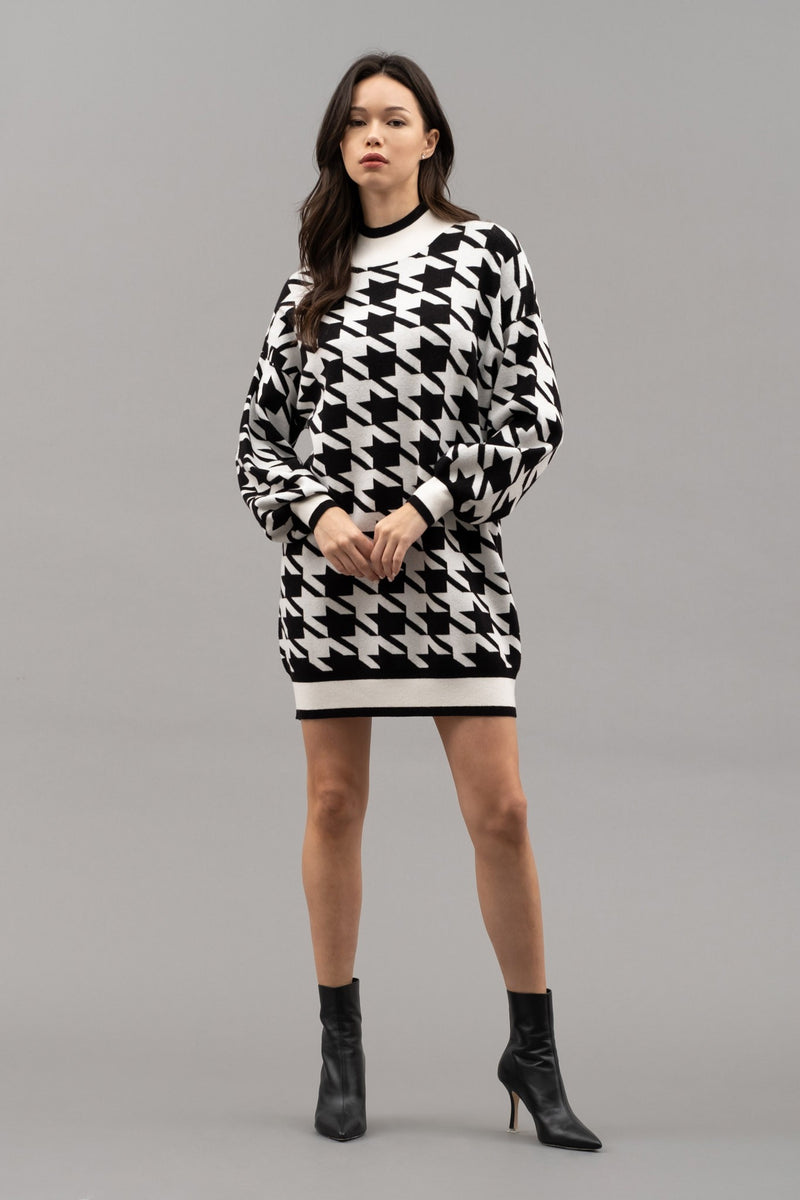 Mock Neck Houndstooth Sweater Dress
