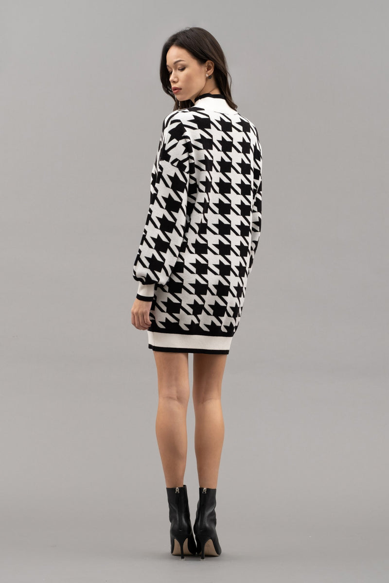 Mock Neck Houndstooth Sweater Dress