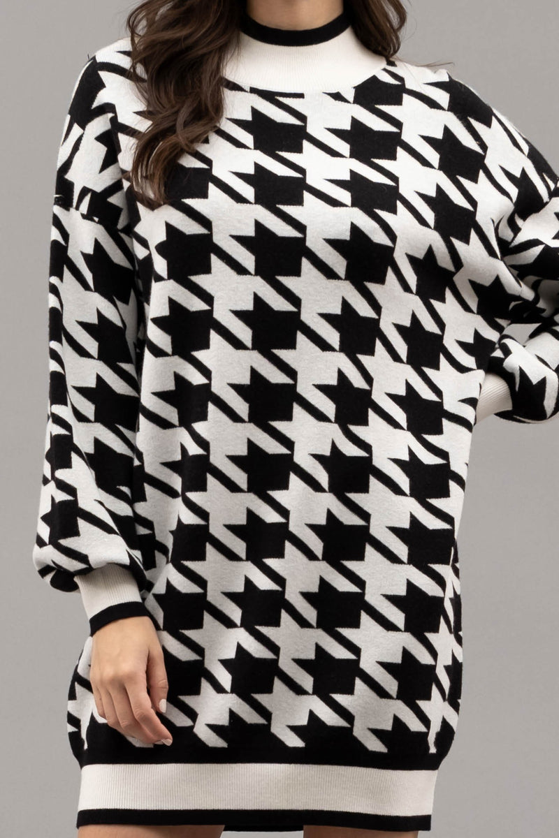 Mock Neck Houndstooth Sweater Dress