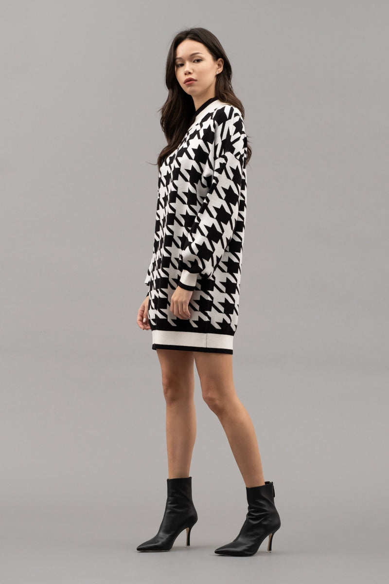 Mock Neck Houndstooth Sweater Dress