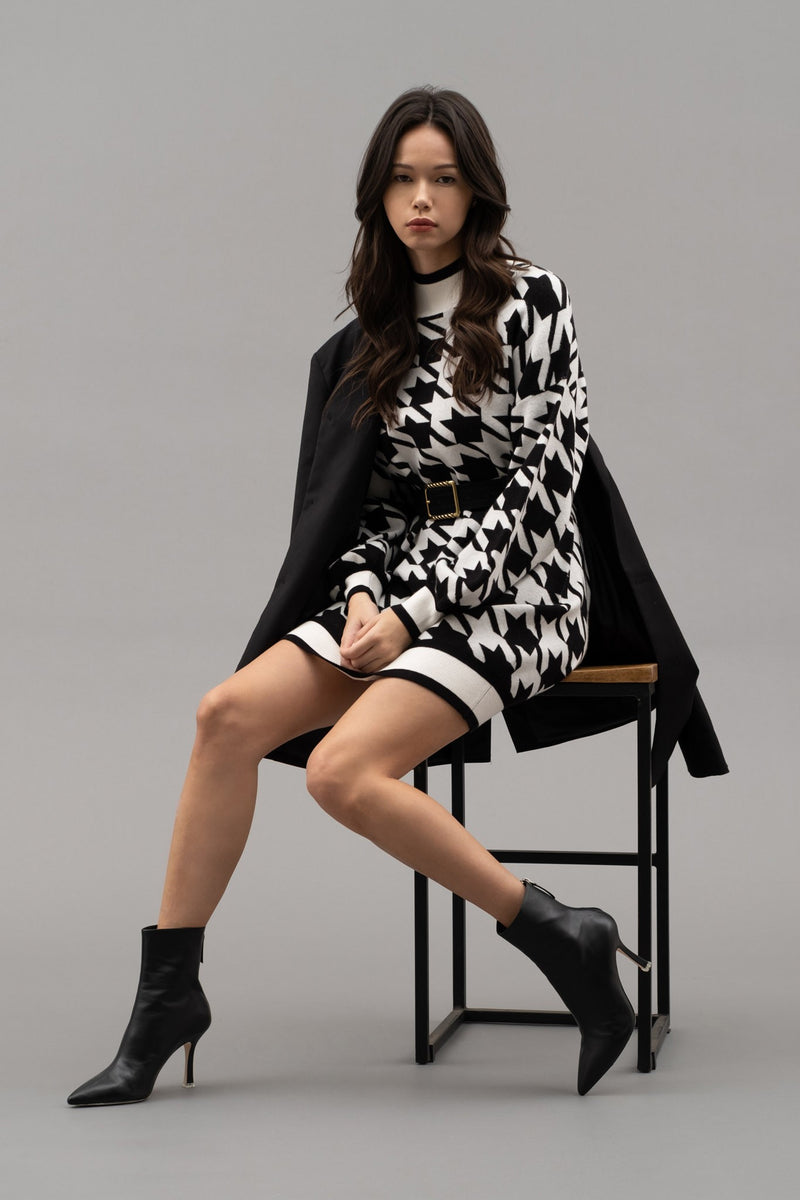 Mock Neck Houndstooth Sweater Dress