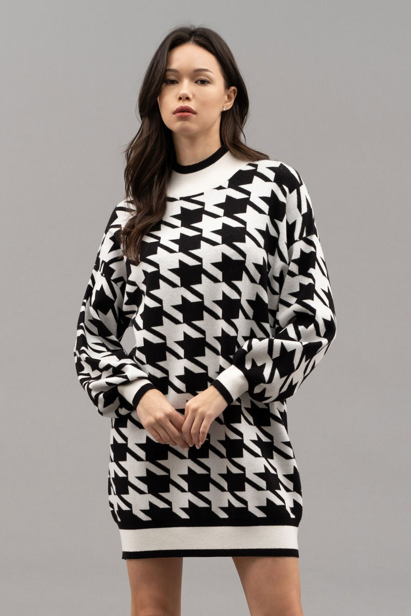 Mock Neck Houndstooth Sweater Dress