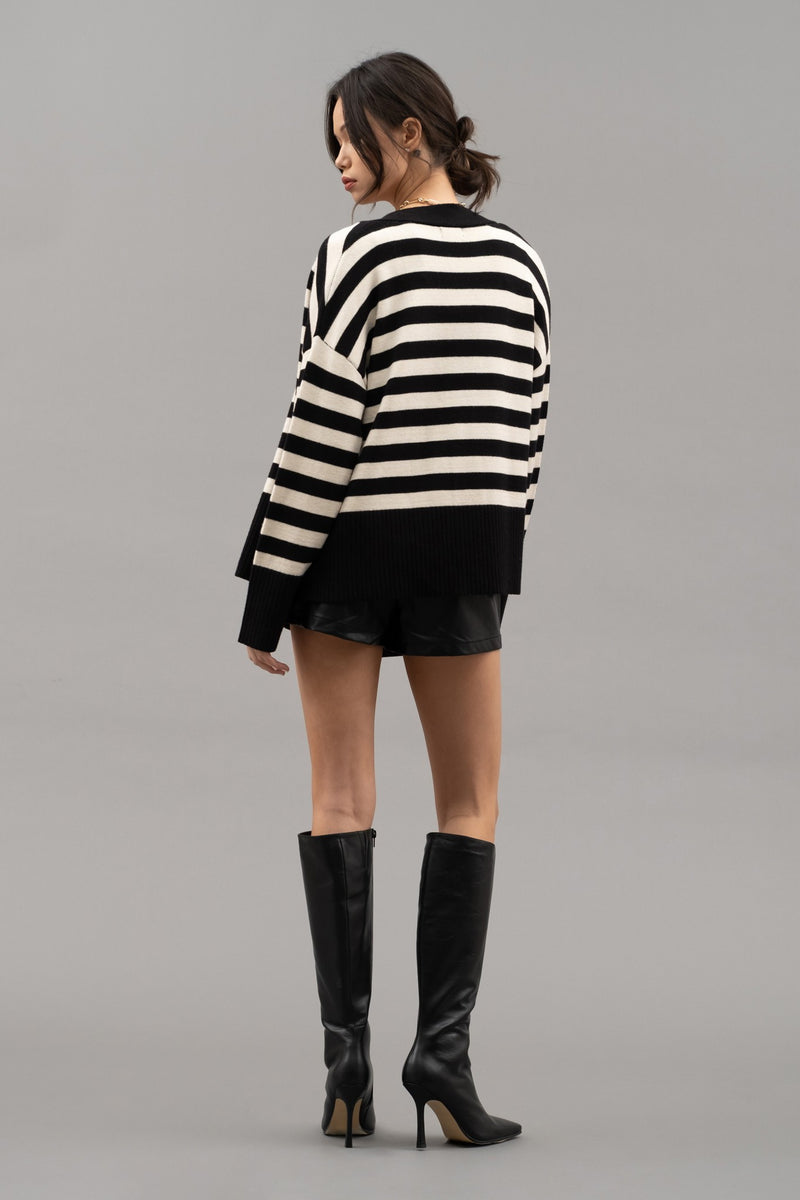 Striped Drop Shoulder Cardigan (Black)