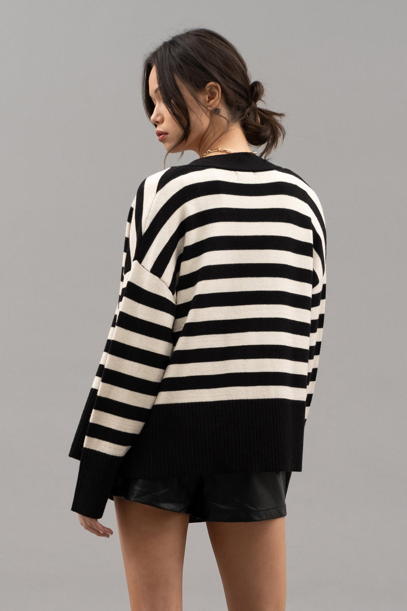Striped Drop Shoulder Cardigan (Black)