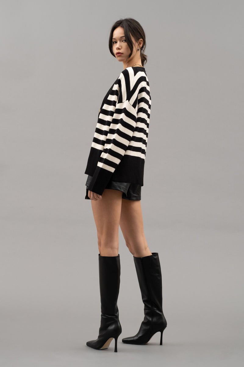 Striped Drop Shoulder Cardigan (Black)