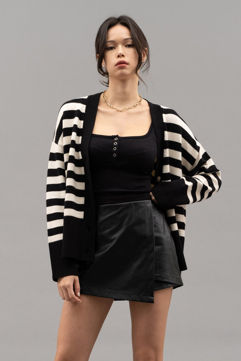 Striped Drop Shoulder Cardigan (Black)