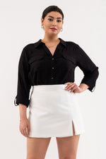 Front Pocket Collared Blouse (Plus Size - Black)