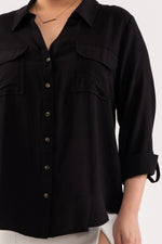 Front Pocket Collared Blouse (Plus Size - Black)