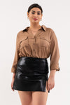 Front Pocket Collared Blouse (Plus Size - Mocha)