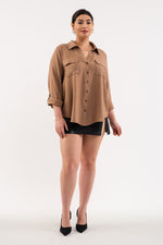 Front Pocket Collared Blouse (Plus Size - Mocha)