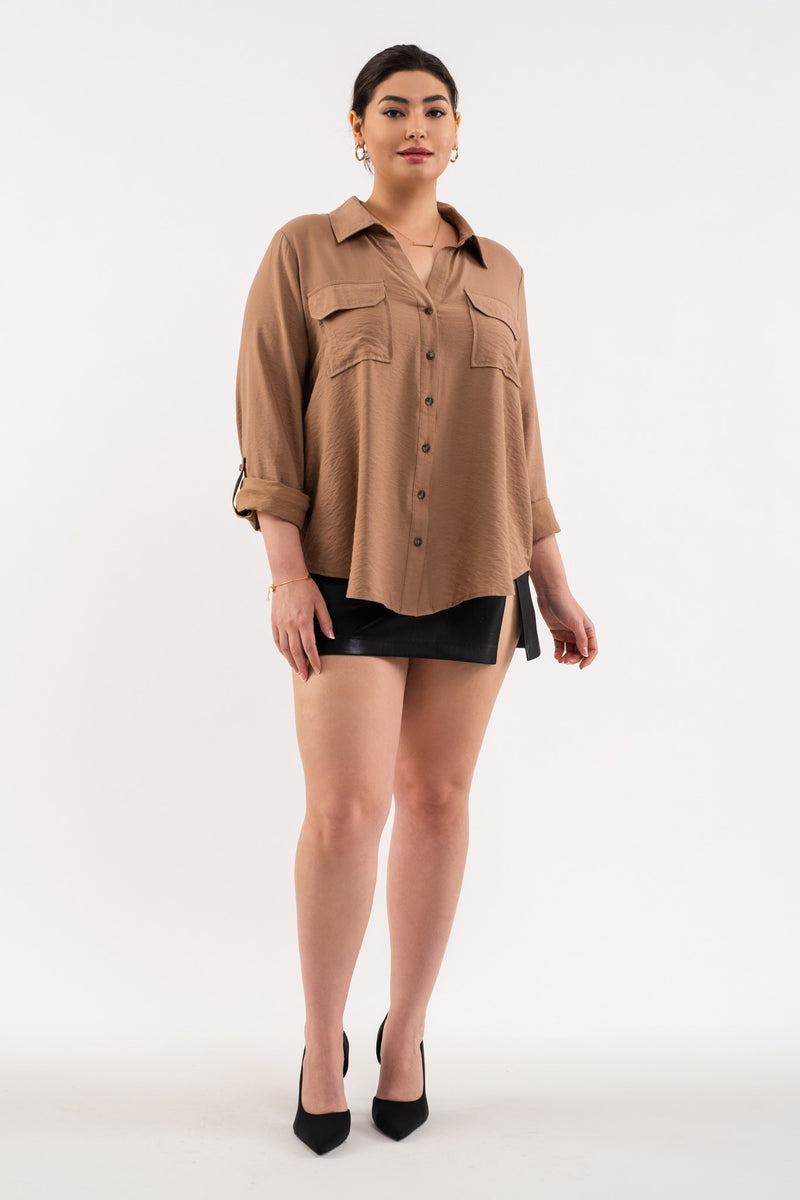 Front Pocket Collared Blouse (Plus Size - Mocha)