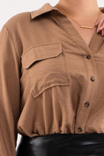 Front Pocket Collared Blouse (Plus Size - Mocha)