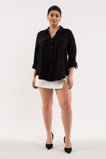 Front Pocket Collared Blouse (Plus Size - Black)