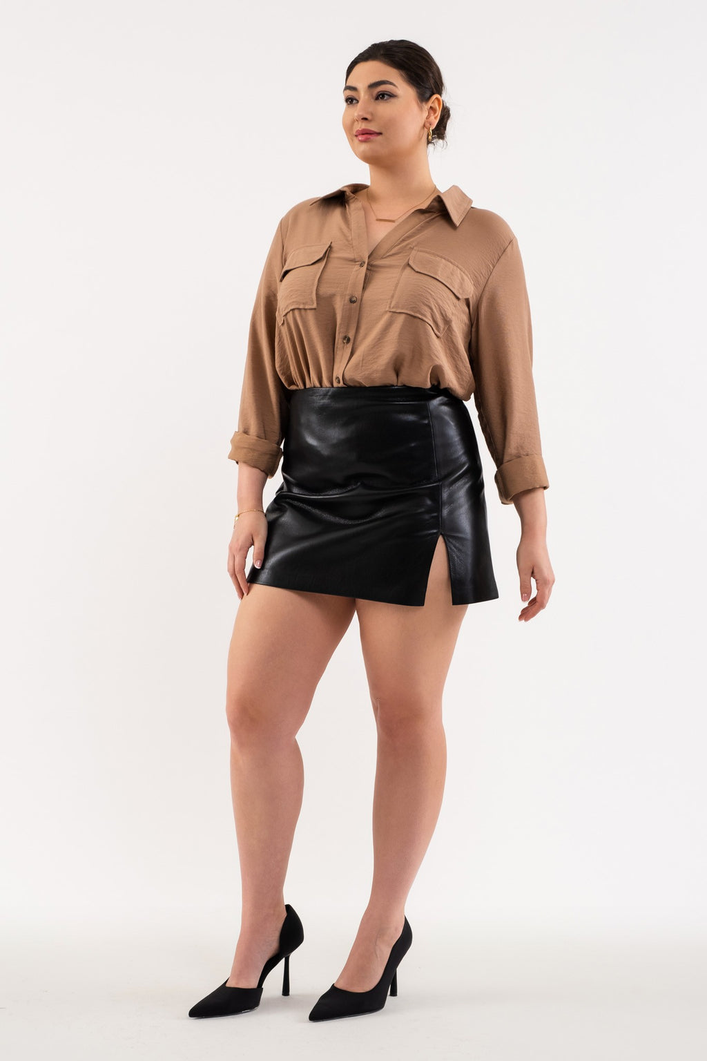 Front Pocket Collared Blouse (Plus Size - Mocha)