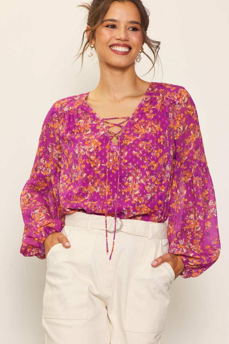 Long Sleeve Swiss Dot Printed Blouse