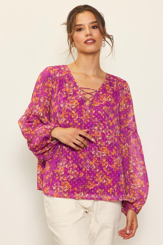 Long Sleeve Swiss Dot Printed Blouse