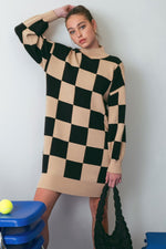 Checkered Mock Neck Sweater Dress