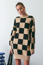 Checkered Mock Neck Sweater Dress