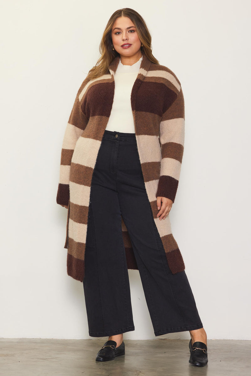 Brown Stripe Maxi Cardigan (Plus Size)