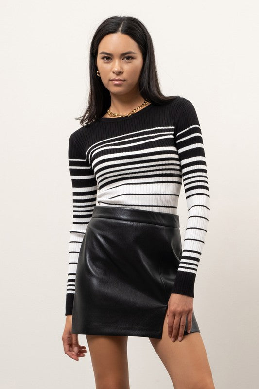 Striped Long Sleeve Ribbed Knit Sweater (Black & Ivory)