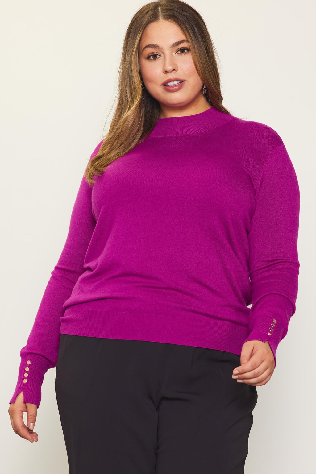 Mock Neck Button Detail Sweater Plus Size Magenta