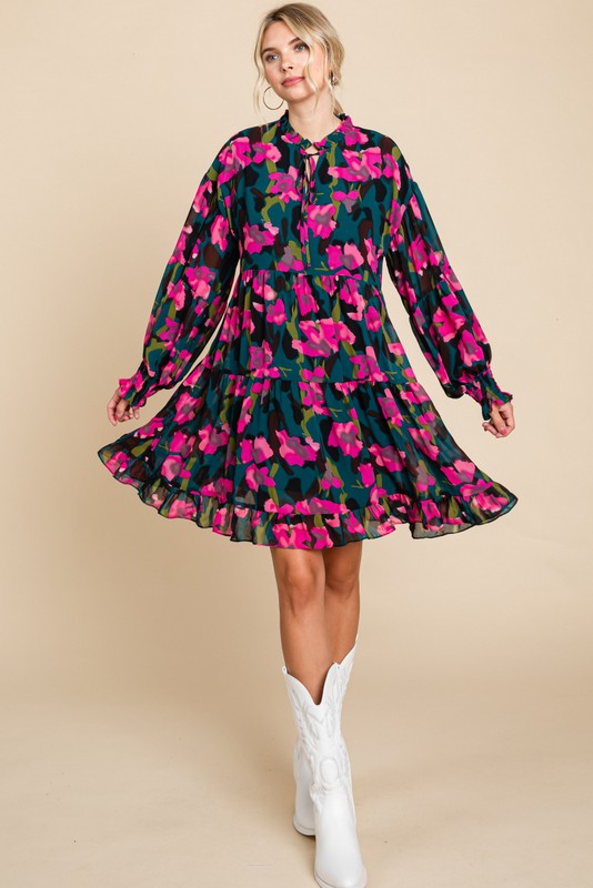 Tie Neck Floral Print Chiffon Dress