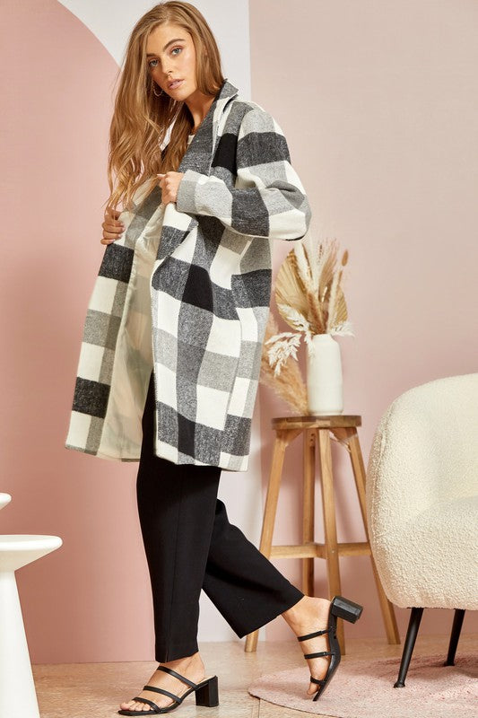 Open Front Plaid Coatigan (Plus Size)