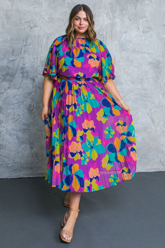 Open Back Floral Print Pleated Midi Dress (Plus Size)