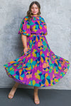 Open Back Floral Print Pleated Midi Dress (Plus Size)