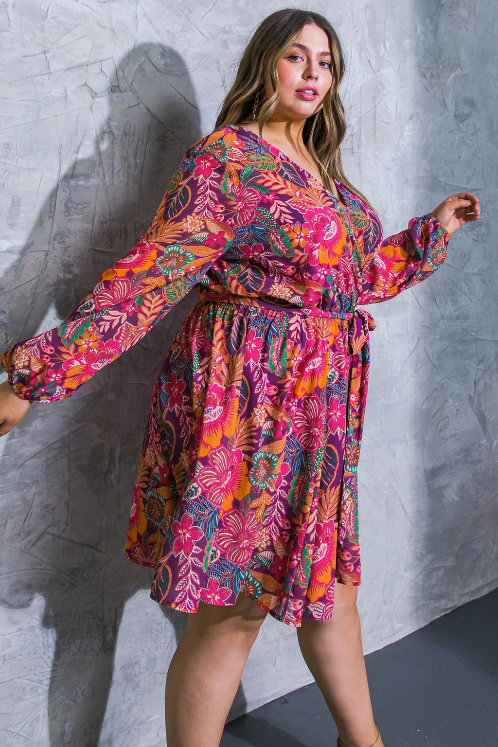 Long Sleeve Floral Print Dress (Plus Size)