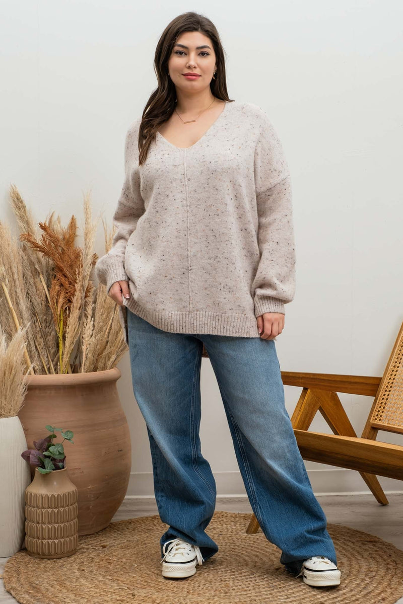 V-Neck Speckled Sweater (Plus Size - Oatmeal)