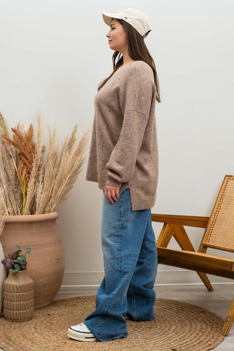 V-Neck Speckled Sweater (Plus Size - Mocha)