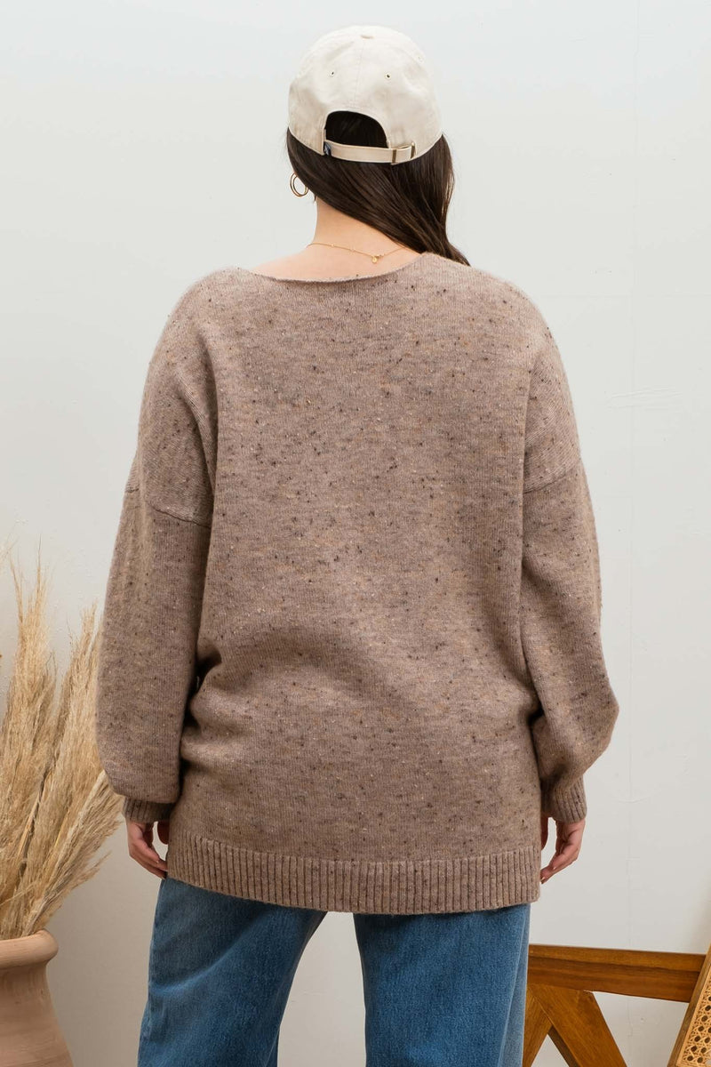 V-Neck Speckled Sweater (Plus Size - Mocha)