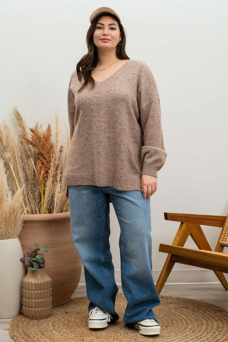 V-Neck Speckled Sweater (Plus Size - Mocha)