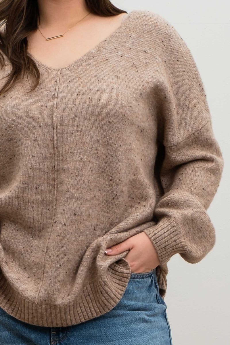 V-Neck Speckled Sweater (Plus Size - Mocha)