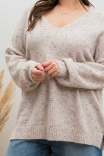 V-Neck Speckled Sweater (Plus Size - Oatmeal)