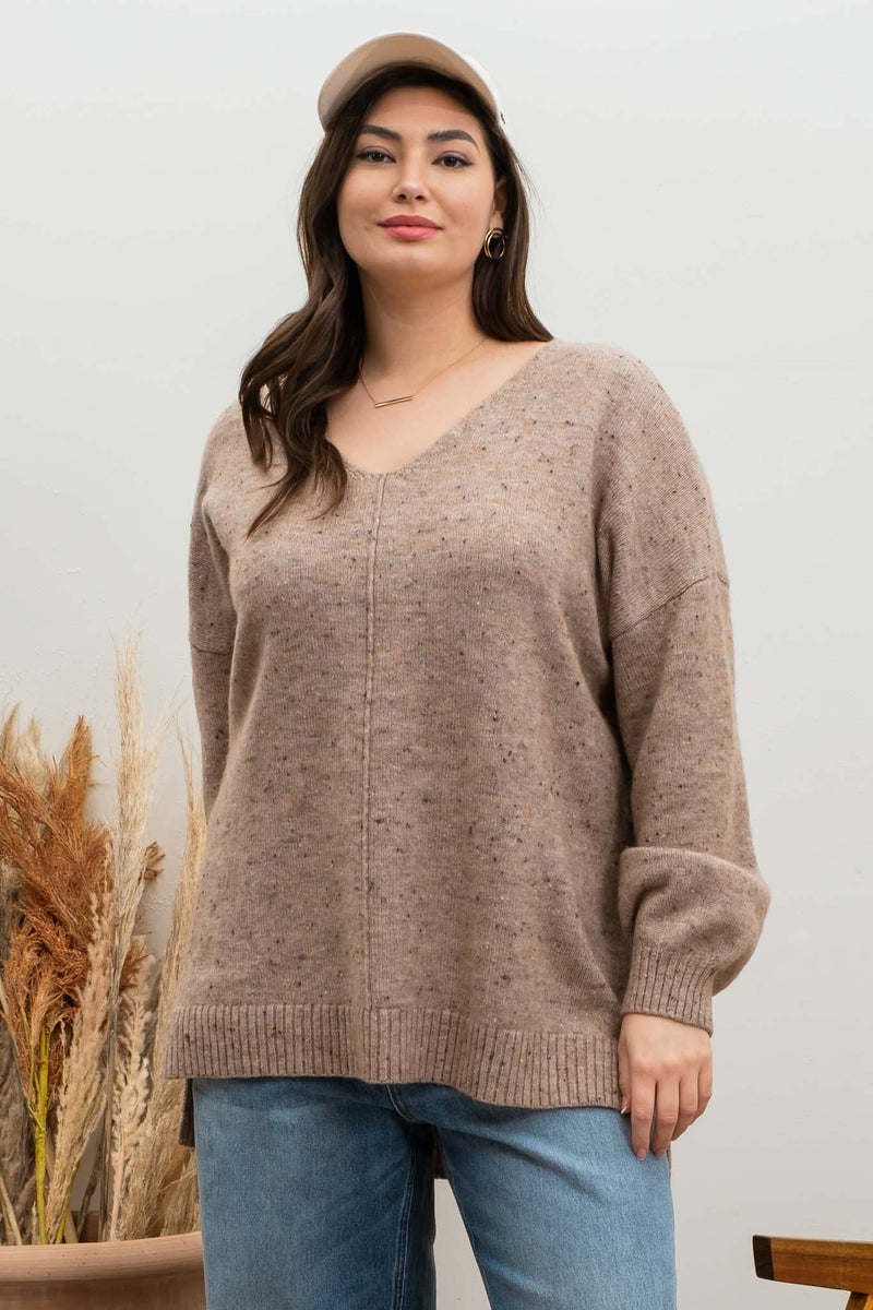 V-Neck Speckled Sweater (Plus Size - Mocha)