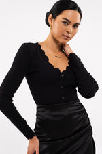 Scallop Detail Button Front Cardigan (Black)