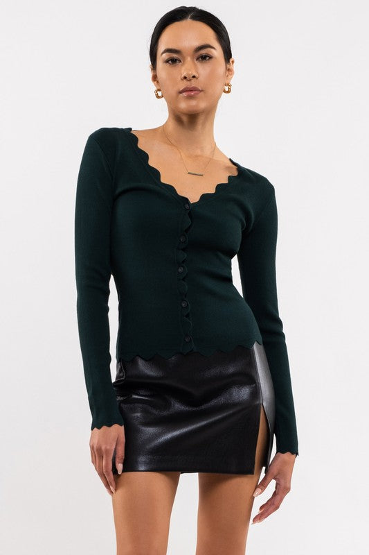 Scallop Detail Button Front Cardigan (Hunter Green)