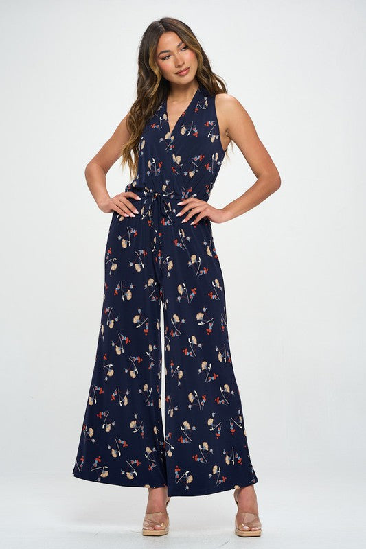 Sleeveless Knit Floral Print Jumpsuit