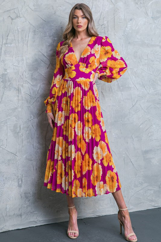 Bold Floral Pleated Skirt Midi Dress