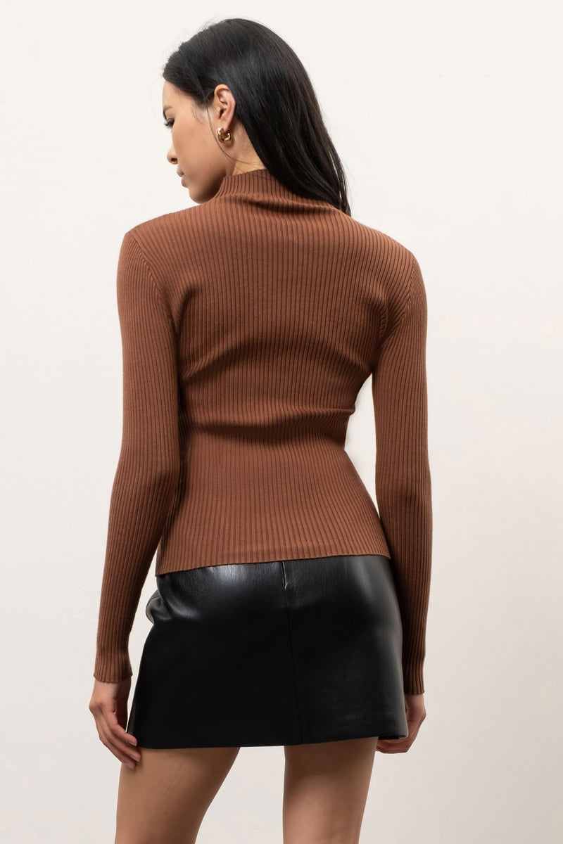 Mock Neck Rib Knit Sweater (Brown)