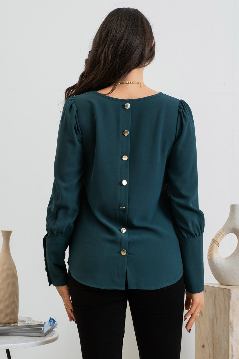 Button Back Long Sleeve Blouse (Hunter Green)