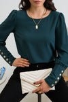 Button Back Long Sleeve Blouse (Hunter Green)