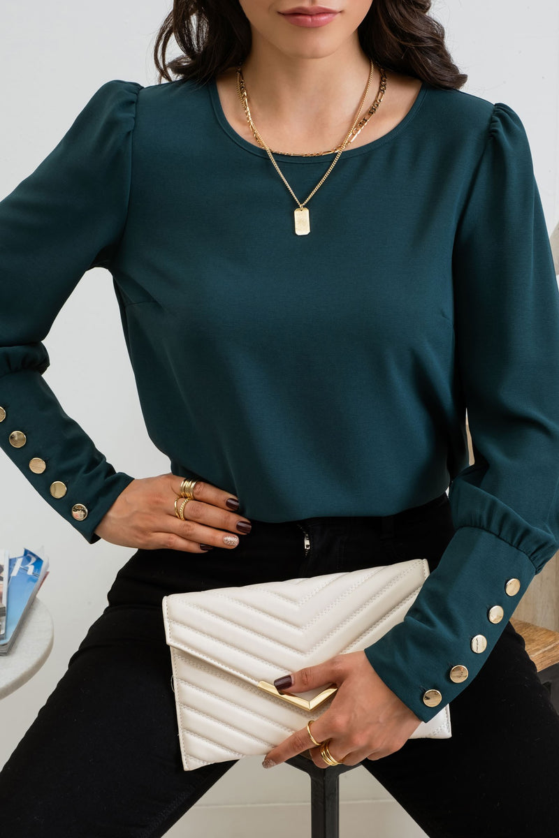 Button Back Long Sleeve Blouse (Hunter Green)