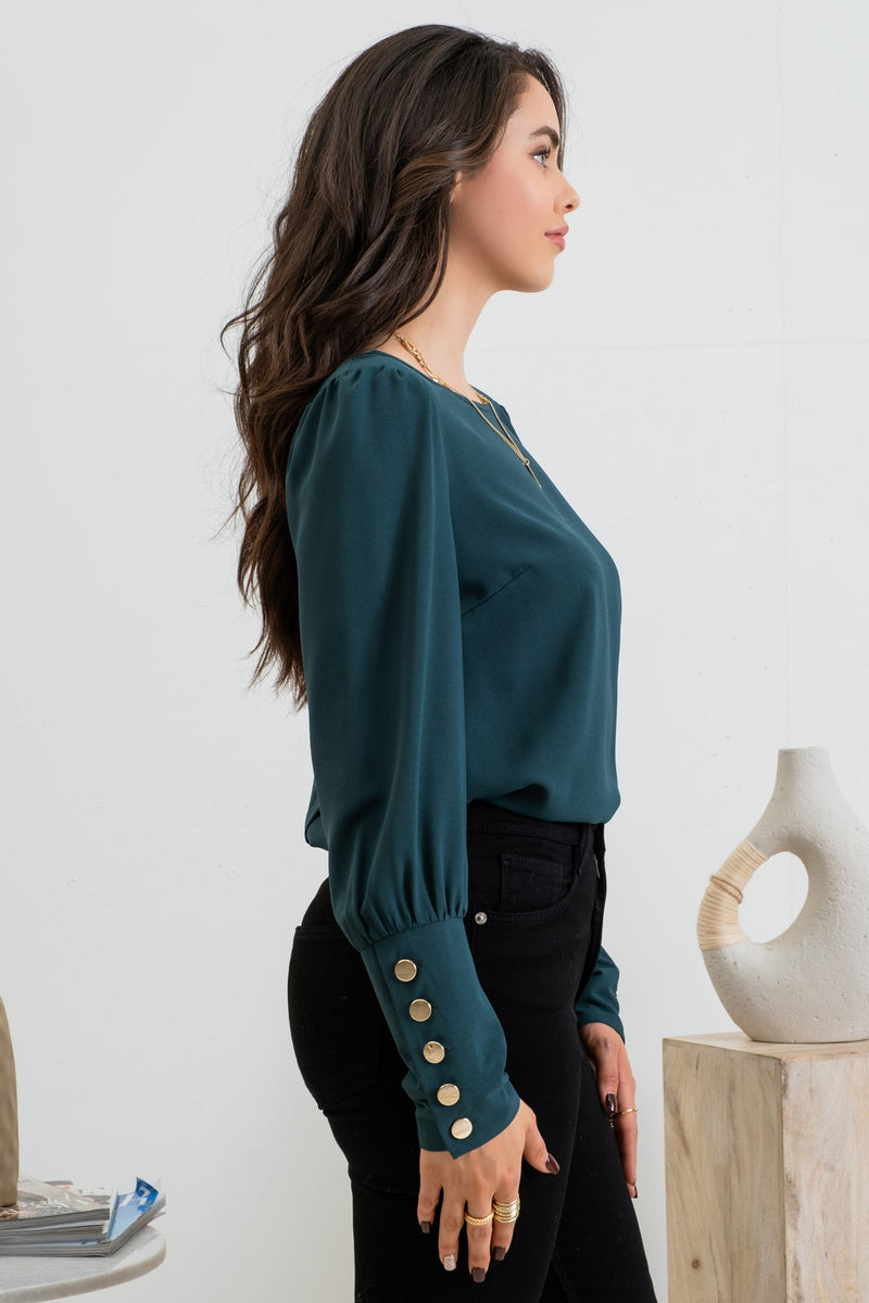Button Back Long Sleeve Blouse (Hunter Green)