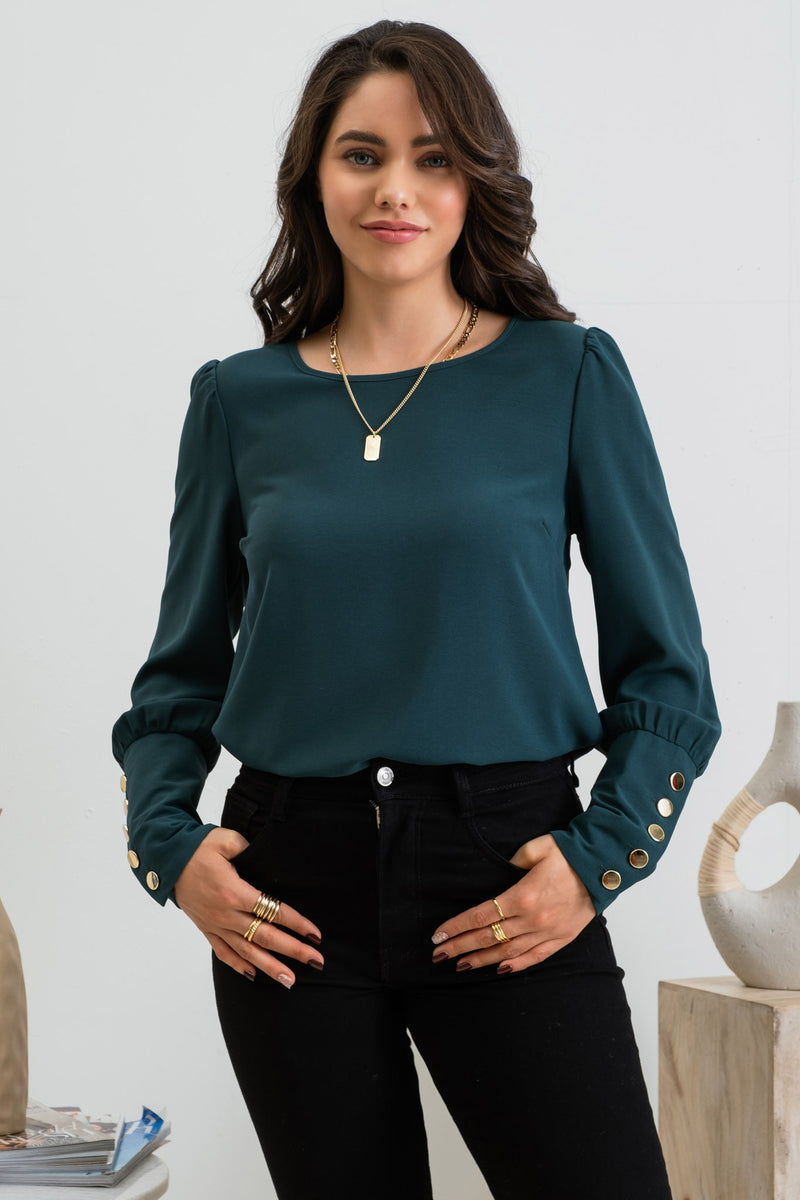 Button Back Long Sleeve Blouse (Hunter Green)