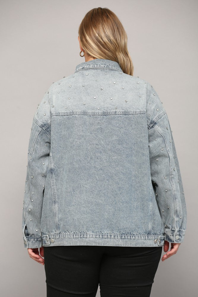Rhinestone Embellished Denim Jacket (Plus Size)
