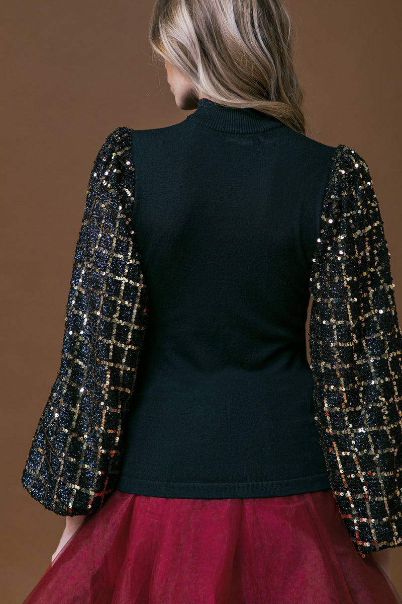 Sequin Sleeve Mock Neck Sweater